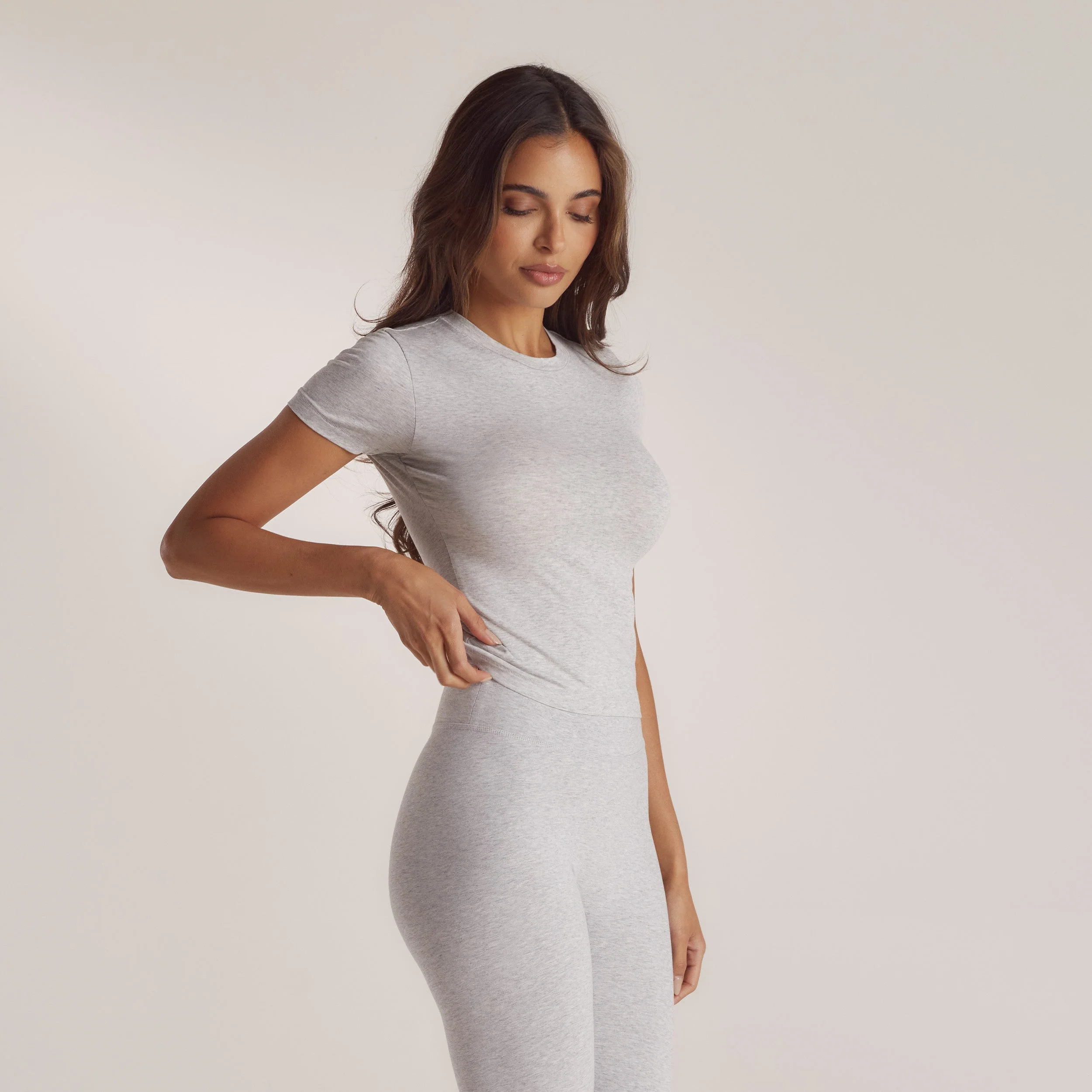 Cotton Blend Short Sleeve Top - Grey Marl - Image 5