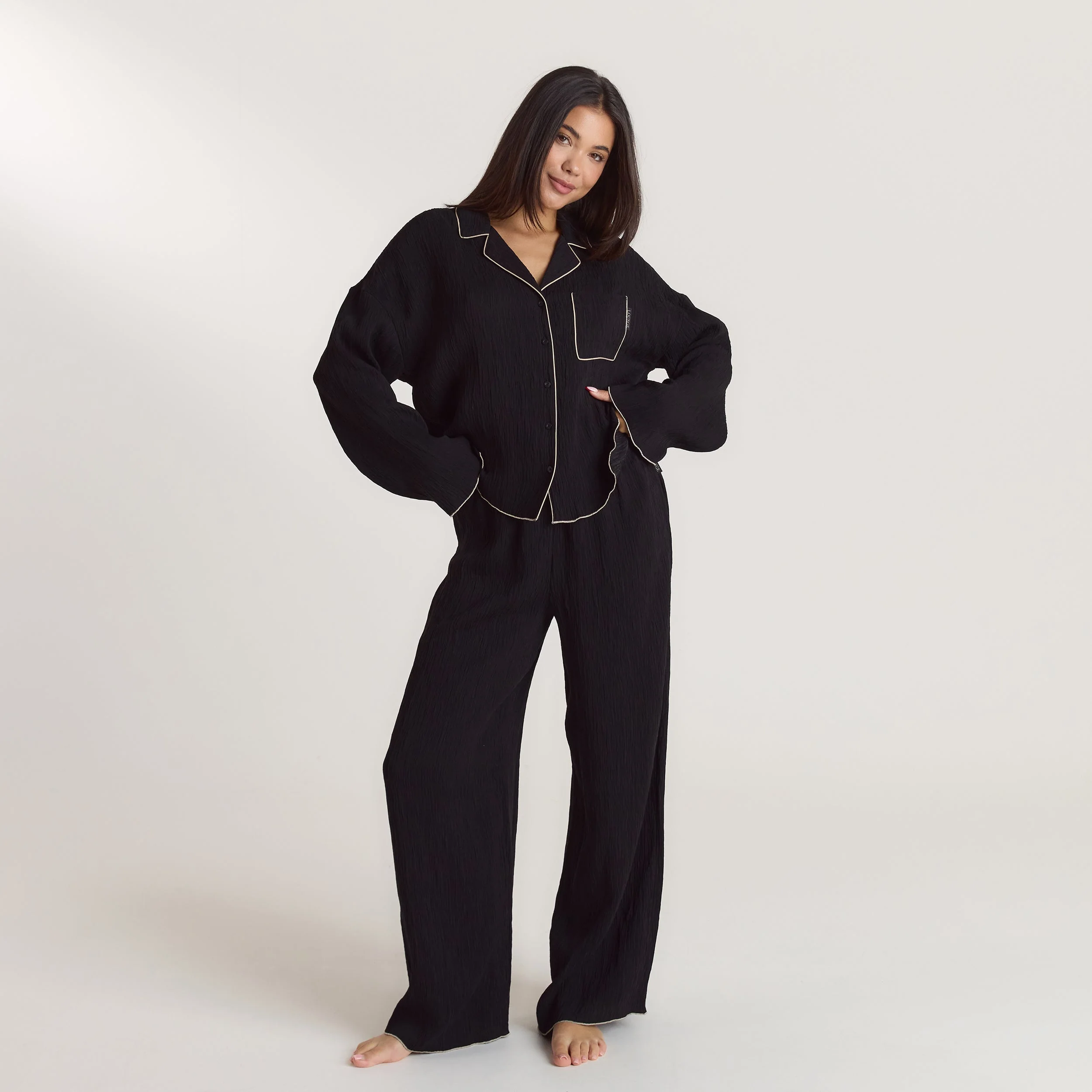 Crinkle Pyjama Shirt - Black - Image 4