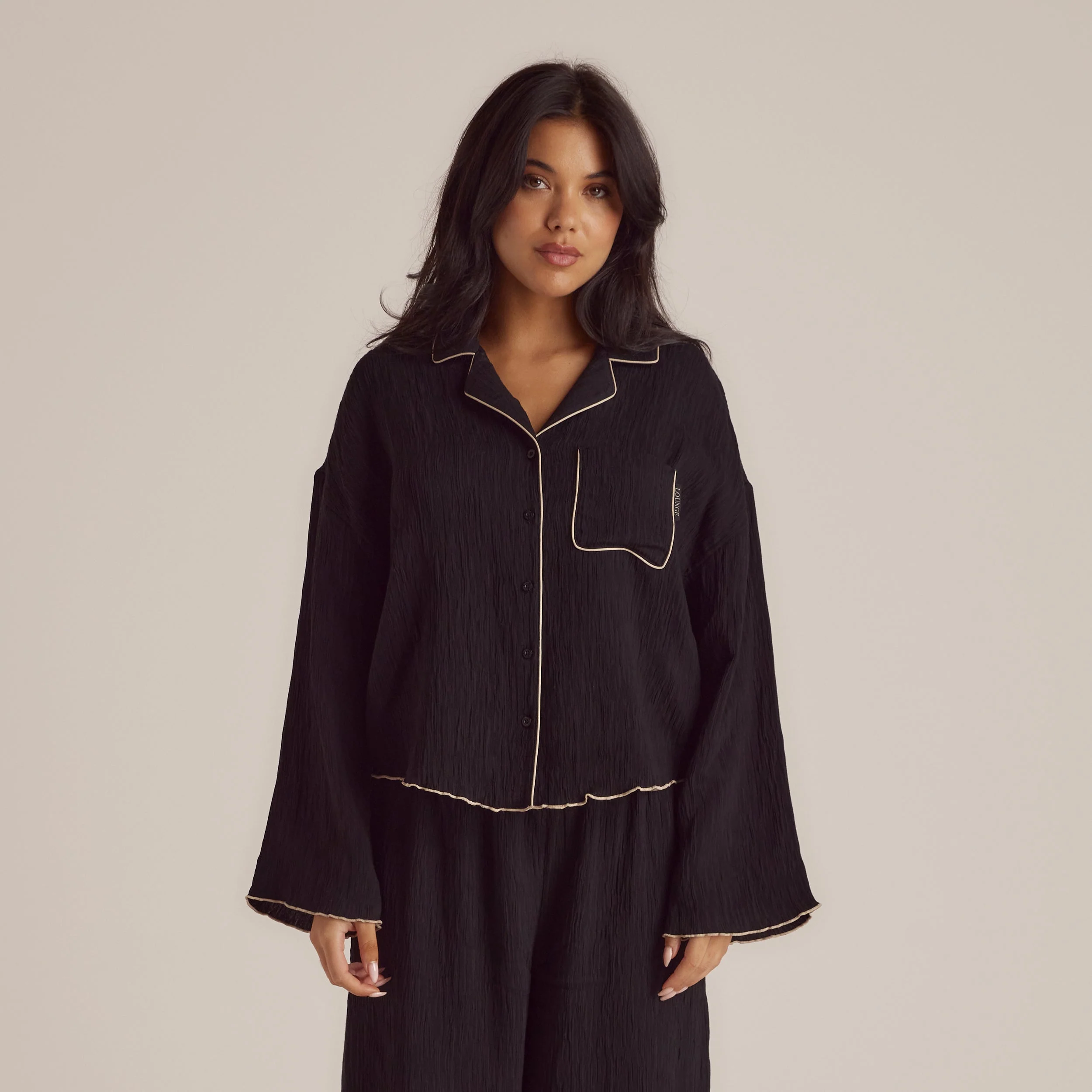 Crinkle Pyjama Shirt - Black - Image 7