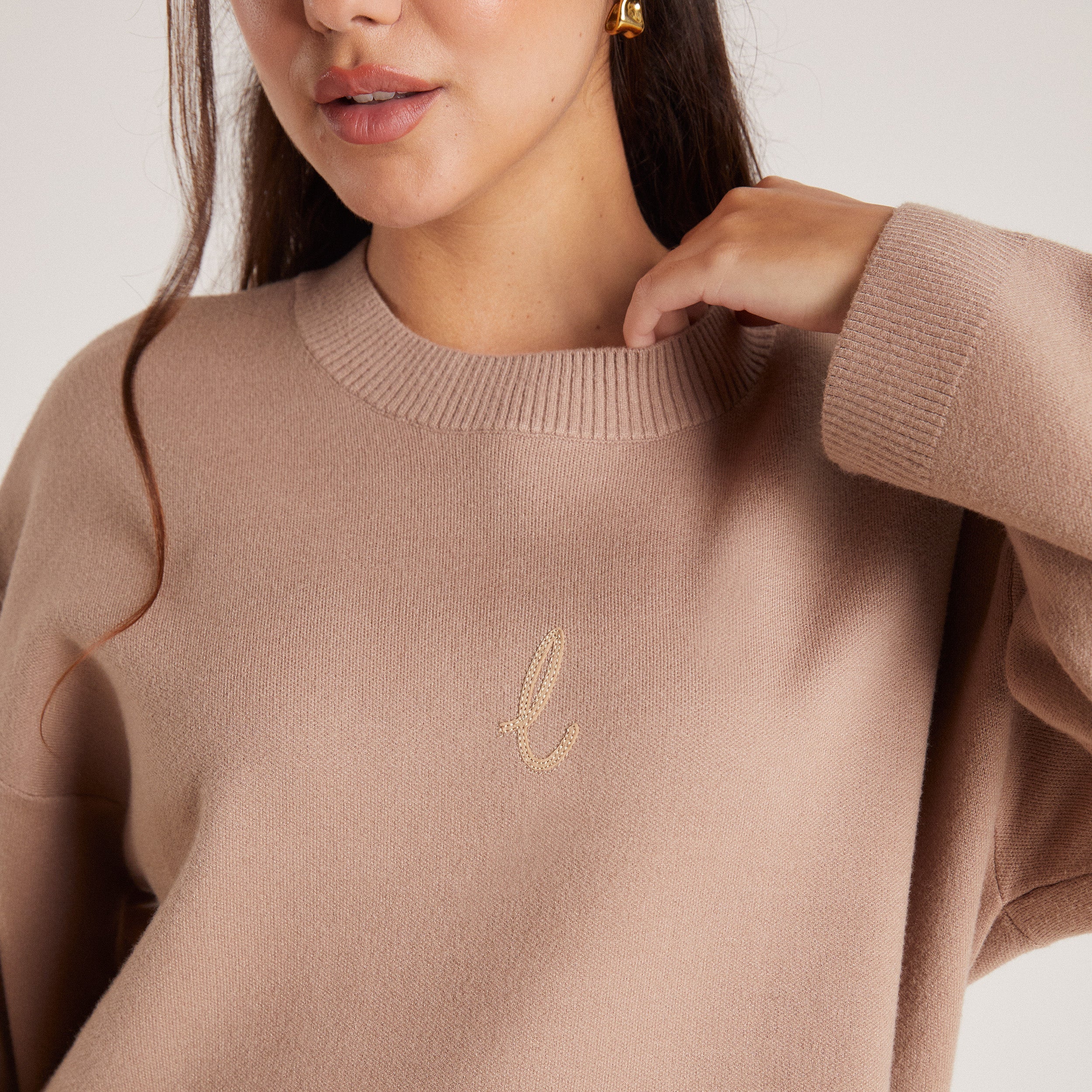 Knitted Crew Neck Jumper - Mink - Image 3