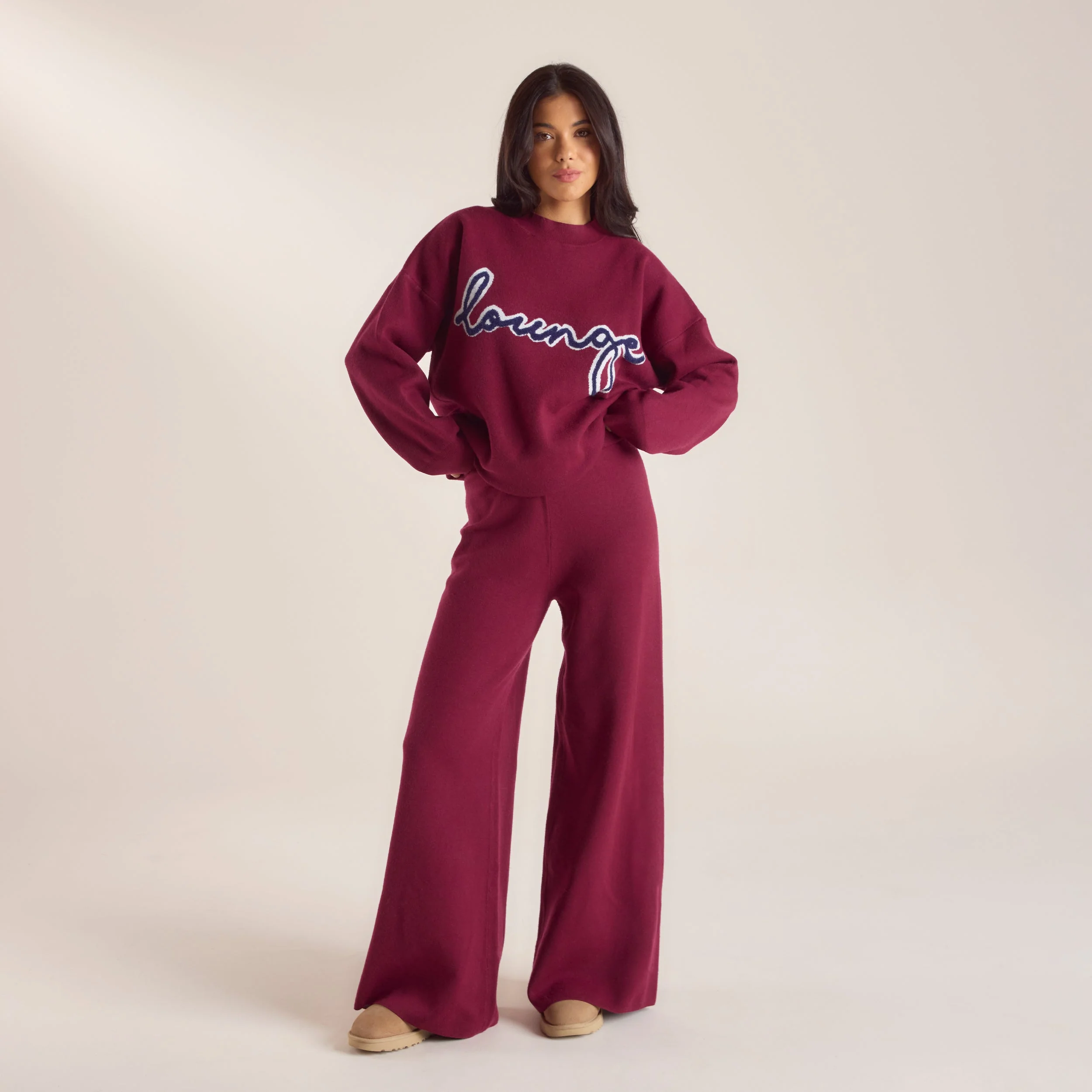 Logo Knitted Crew Neck Jumper - Burgundy - Image 3
