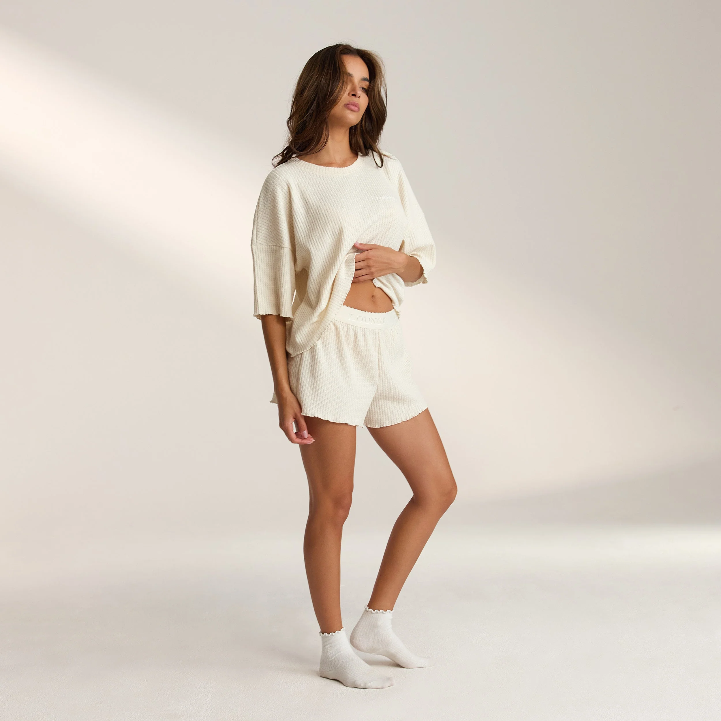 Soft Waffle Pyjama Shorts - Cream - Image 5
