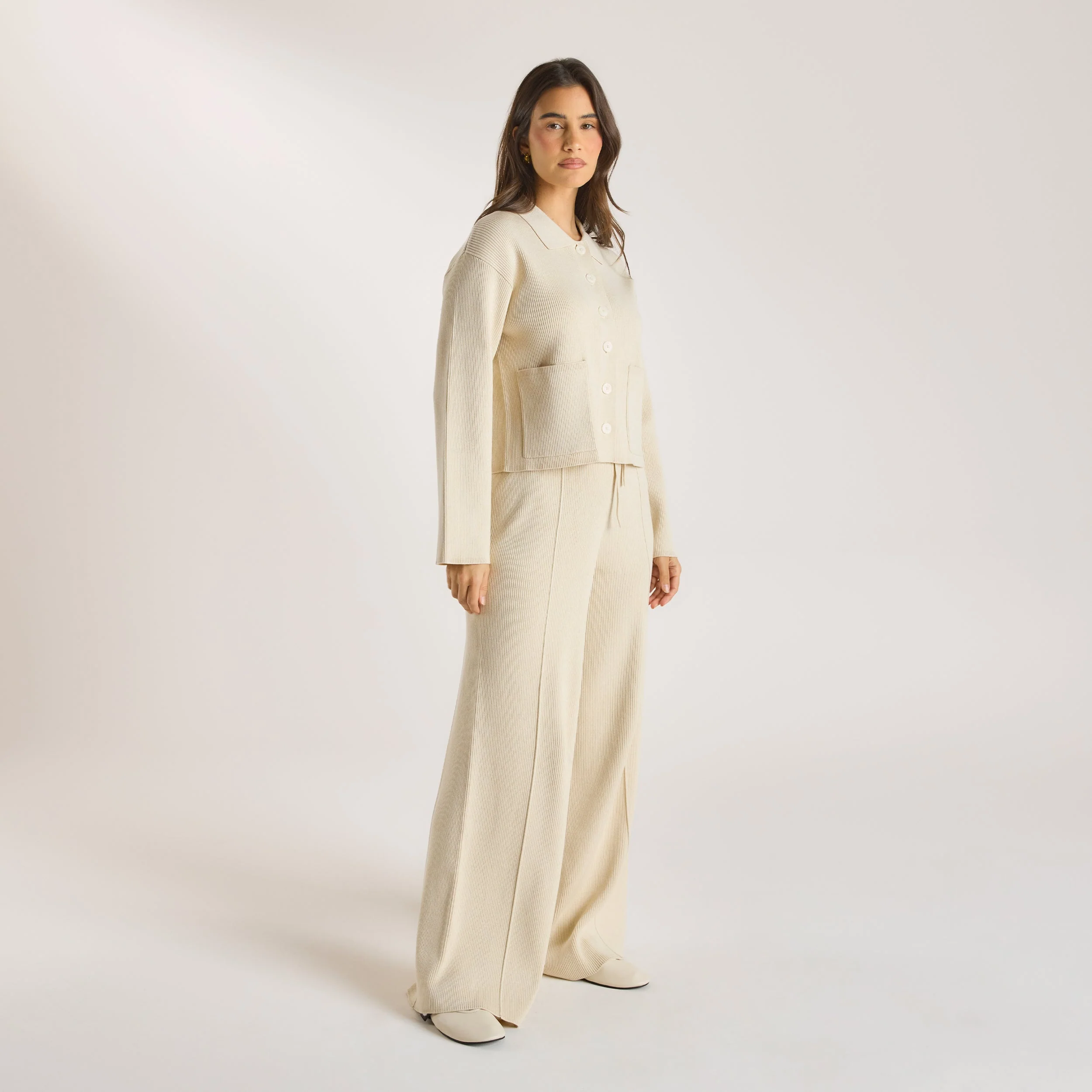 Wide Leg Knitted Trousers - Cream - Image 3