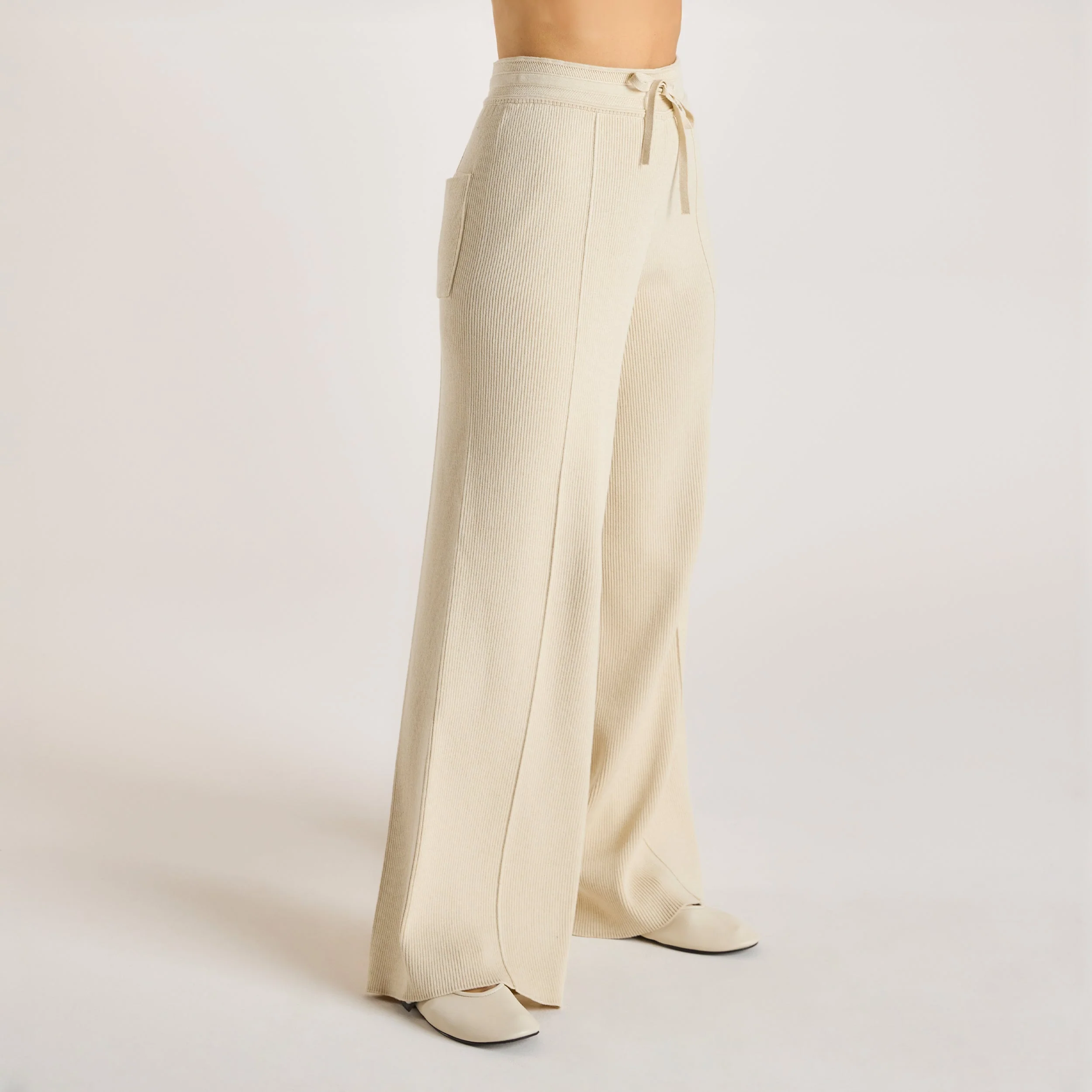 Wide Leg Knitted Trousers - Cream - Image 5
